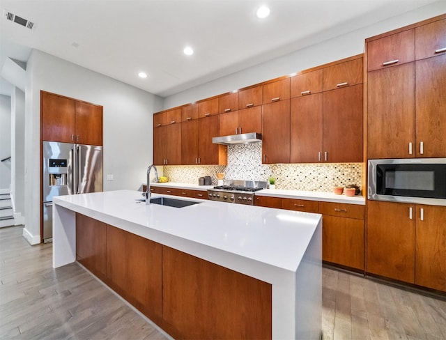 kitchen featuring an island with sink, light wood-type flooring, appliances with stainless steel finishes, and sink