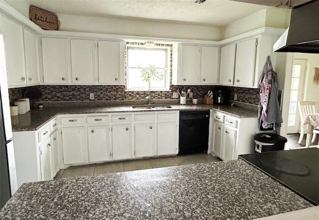 kitchen with white cabinetry, black dishwasher, tasteful backsplash, light tile patterned flooring, and sink