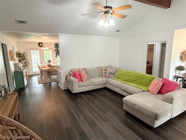 living room featuring ceiling fan, vaulted ceiling, dark wood-type flooring, french doors, and a textured ceiling