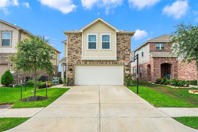 view of front of property featuring a front lawn, a garage, and cooling unit