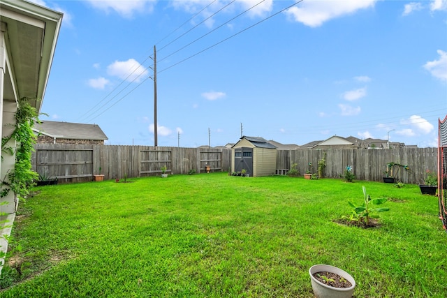 view of yard featuring a storage unit