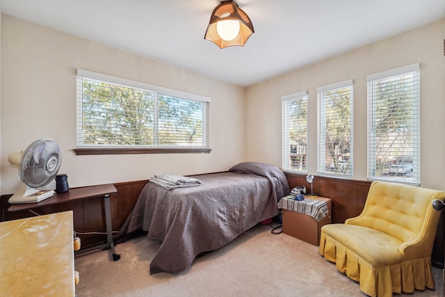 bedroom featuring light colored carpet