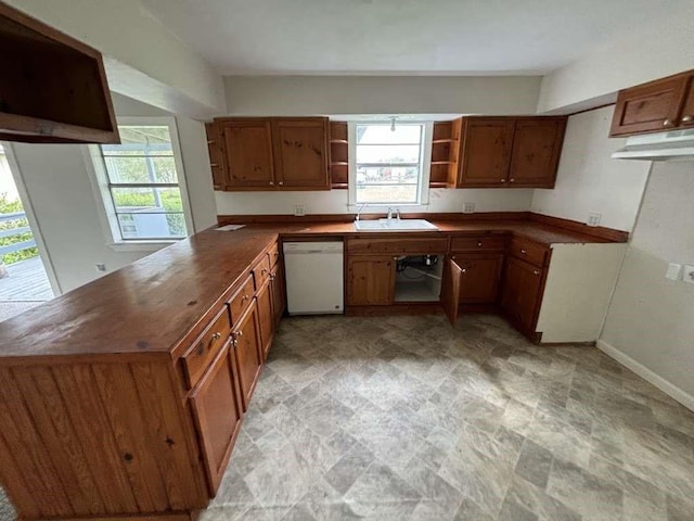 kitchen with white dishwasher, sink, and kitchen peninsula