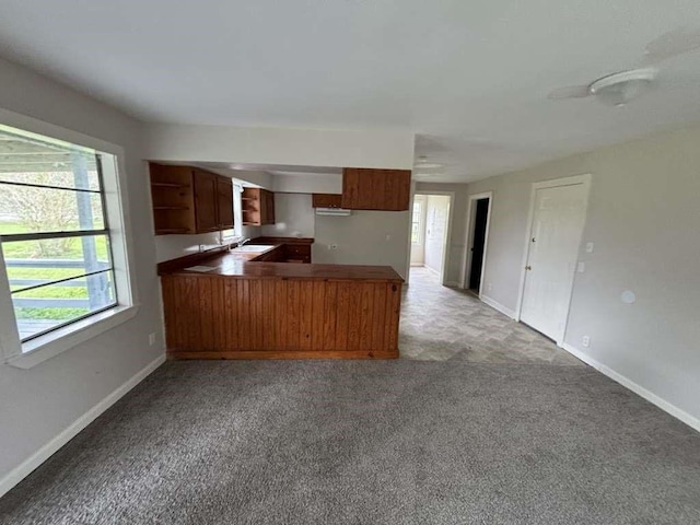 kitchen featuring kitchen peninsula, sink, and carpet flooring