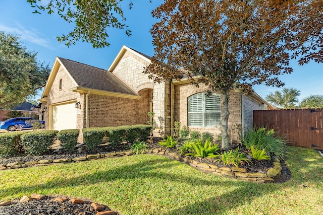 ranch-style house featuring a garage and a front yard