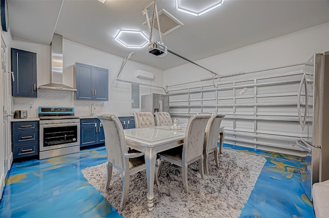 garage featuring stainless steel fridge with ice dispenser, a garage door opener, stainless steel fridge, and sink