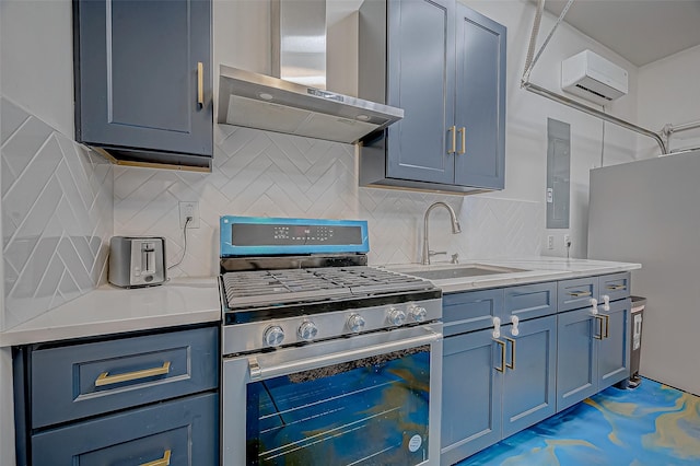 kitchen with wall chimney range hood, stainless steel appliances, tasteful backsplash, sink, and electric panel