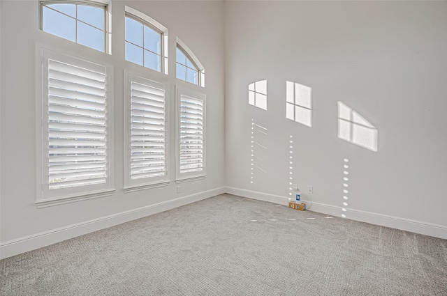 carpeted spare room featuring a towering ceiling