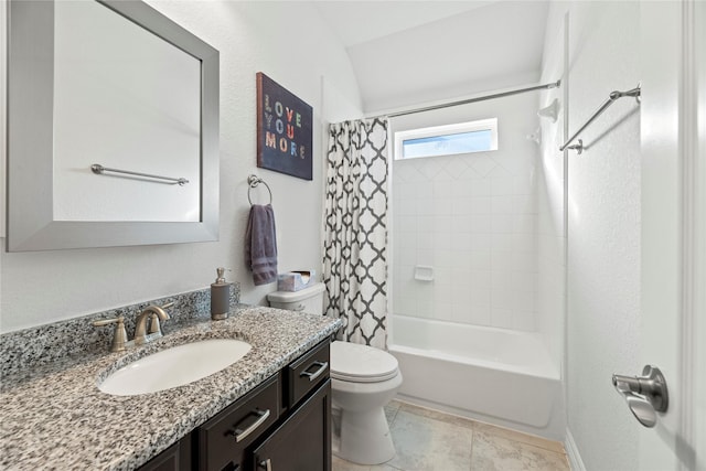 full bathroom with toilet, vanity, lofted ceiling, tile patterned floors, and shower / bathtub combination with curtain