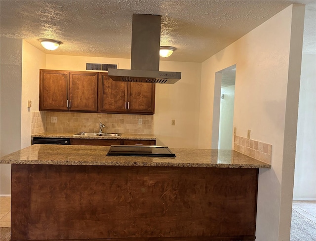 kitchen with sink, kitchen peninsula, and island range hood