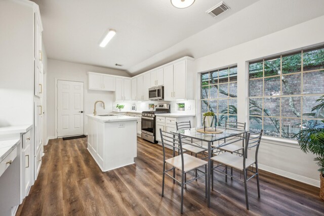 kitchen with white cabinets, dark hardwood / wood-style flooring, stainless steel appliances, an island with sink, and sink