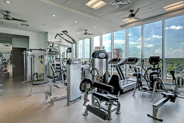 2727 Kirby Dr Unit 13C, Houston, TX 77098 - gym featuring ceiling fan, a wall of windows, and a paneled ceiling