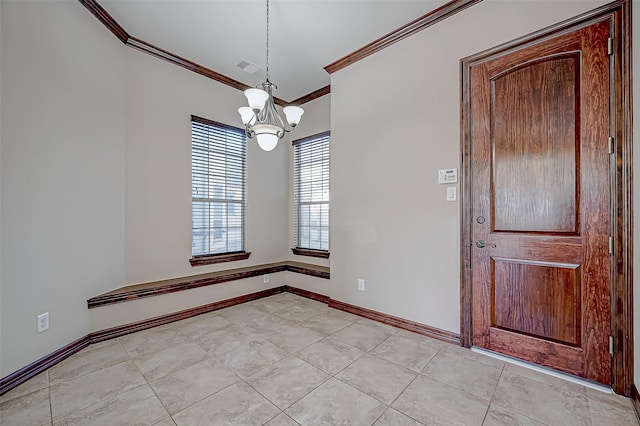 interior space featuring light tile patterned floors, ornamental molding, and a chandelier