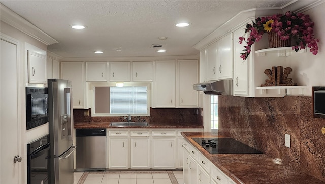 kitchen featuring white cabinetry, black appliances, light tile patterned flooring, crown molding, and sink