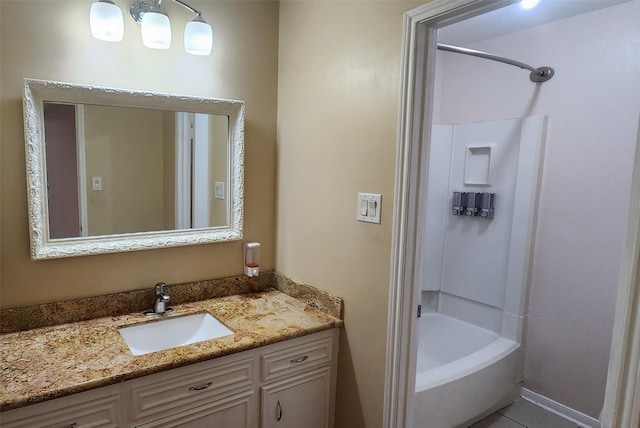 bathroom with tile patterned flooring, vanity, and bathing tub / shower combination