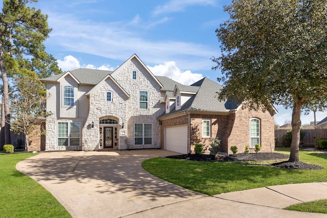 french country inspired facade featuring fence, roof with shingles, concrete driveway, a front yard, and a garage