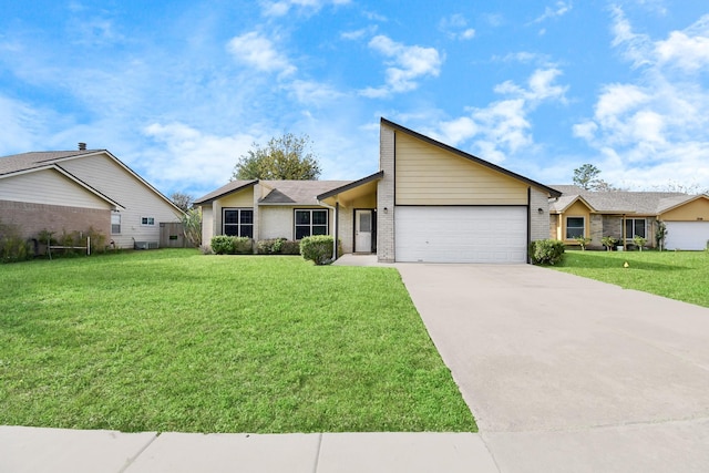 single story home featuring a front lawn and a garage