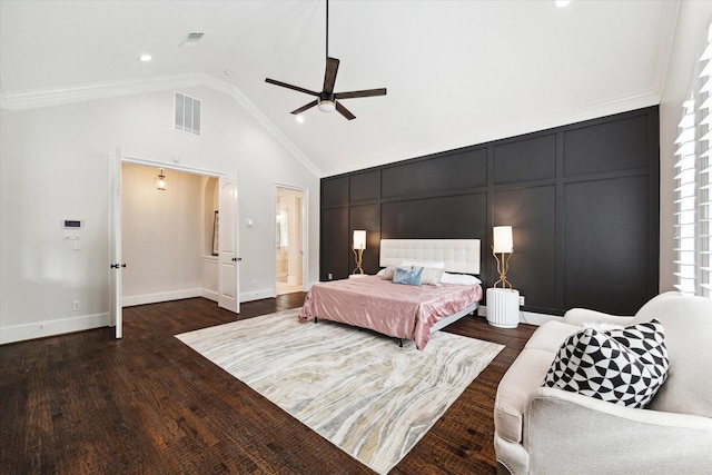 bedroom featuring ceiling fan, dark hardwood / wood-style flooring, crown molding, and high vaulted ceiling