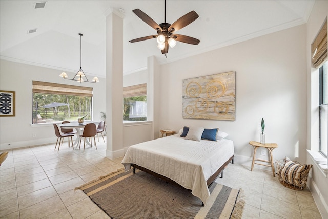 tiled bedroom with ceiling fan with notable chandelier and ornamental molding