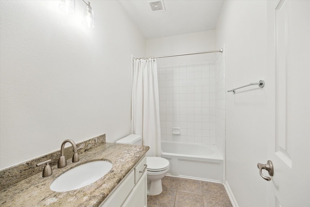 bathroom with visible vents, shower / bathtub combination with curtain, toilet, vanity, and tile patterned floors