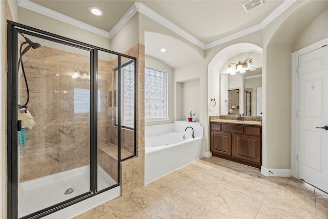 bathroom featuring vanity, ornamental molding, and shower with separate bathtub