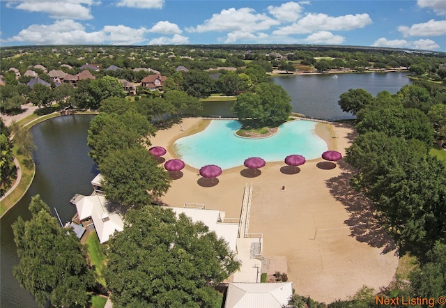 aerial view featuring a water view