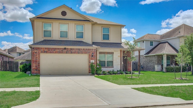 front facade featuring a garage and a front yard