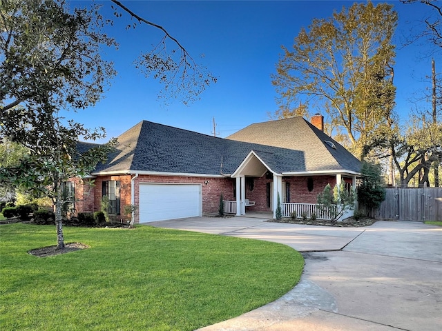 view of front of property with a garage, a front lawn, and covered porch