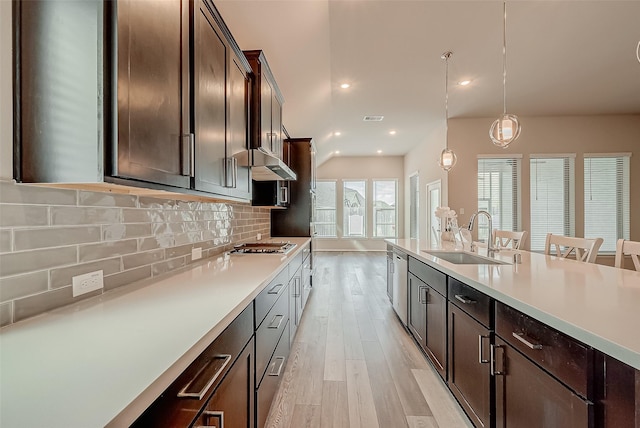 kitchen featuring tasteful backsplash, light hardwood / wood-style floors, pendant lighting, sink, and dark brown cabinets