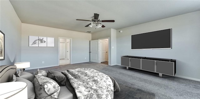 carpeted living room with ceiling fan