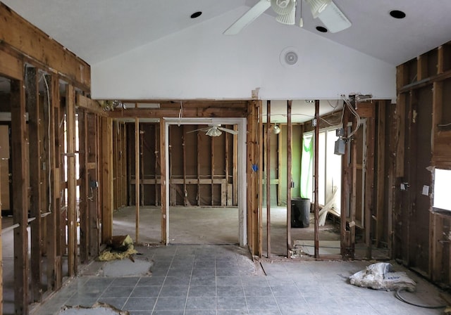 miscellaneous room featuring ceiling fan and vaulted ceiling