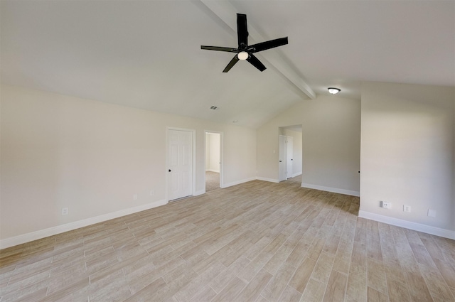 unfurnished room with light wood-type flooring, ceiling fan, and vaulted ceiling with beams