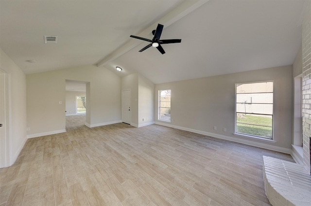 unfurnished living room featuring ceiling fan, lofted ceiling with beams, and light hardwood / wood-style floors