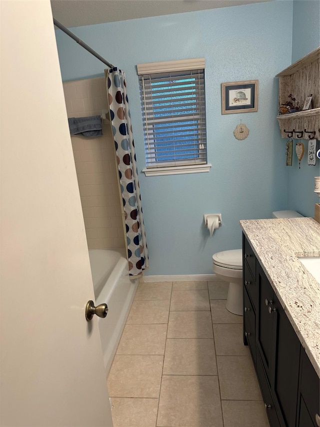 full bathroom with toilet, shower / bathtub combination with curtain, tile patterned floors, and vanity