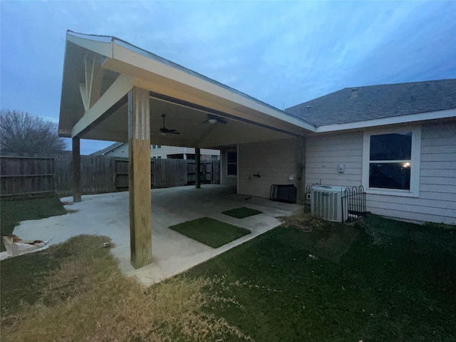 view of patio / terrace featuring central AC unit and ceiling fan