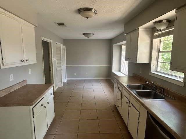 kitchen with a textured ceiling, white cabinetry, stainless steel dishwasher, and sink