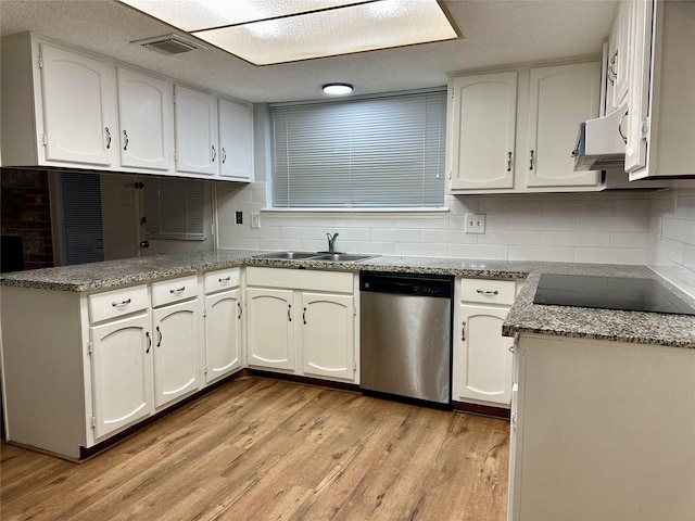 kitchen featuring stainless steel dishwasher, white cabinets, black electric stovetop, and tasteful backsplash