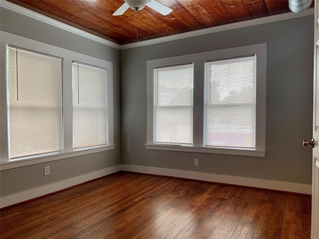 empty room featuring ceiling fan, dark hardwood / wood-style floors, crown molding, and wooden ceiling