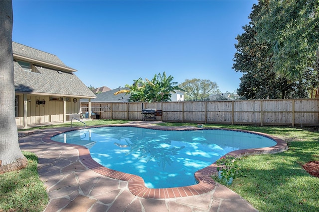 view of pool featuring a patio area, a grill, and a yard