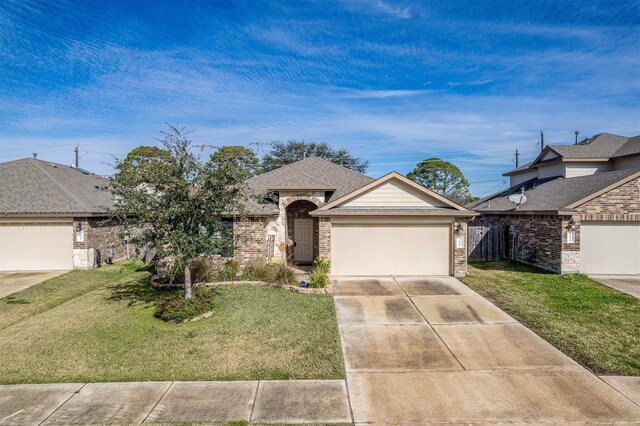 ranch-style home with a front lawn and a garage