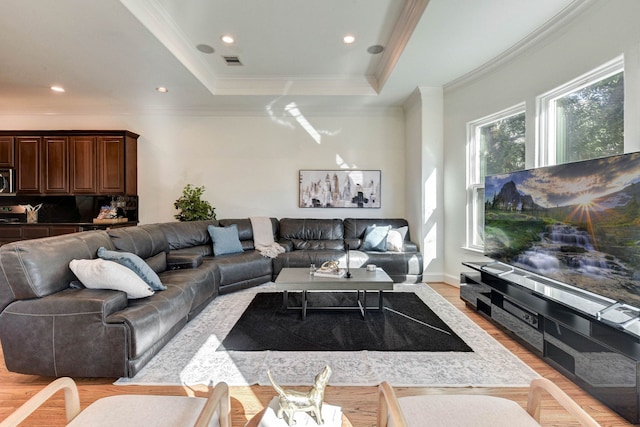 living room featuring crown molding, light wood-type flooring, and a tray ceiling