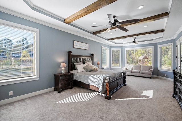 bedroom with baseboards, beamed ceiling, crown molding, carpet floors, and recessed lighting