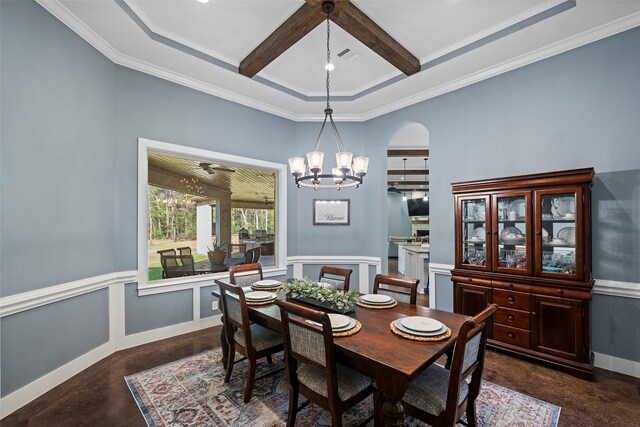 dining area with a decorative wall, a wainscoted wall, coffered ceiling, visible vents, and beamed ceiling