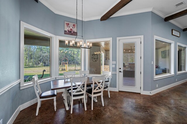 dining area with beam ceiling, visible vents, finished concrete floors, ornamental molding, and baseboards