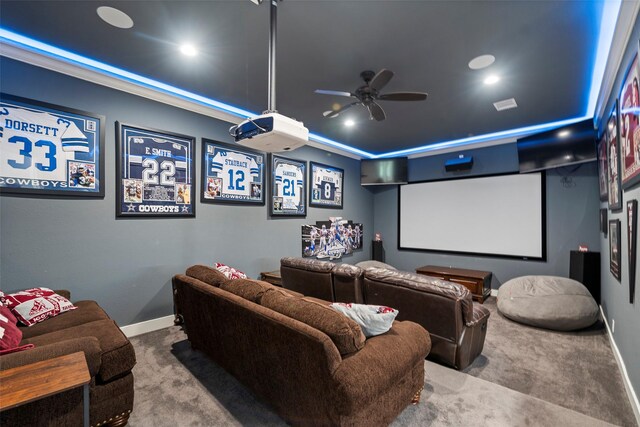 carpeted home theater featuring recessed lighting, ceiling fan, and baseboards