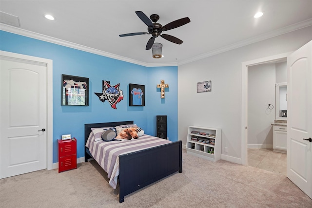 bedroom featuring ornamental molding, recessed lighting, light colored carpet, and baseboards