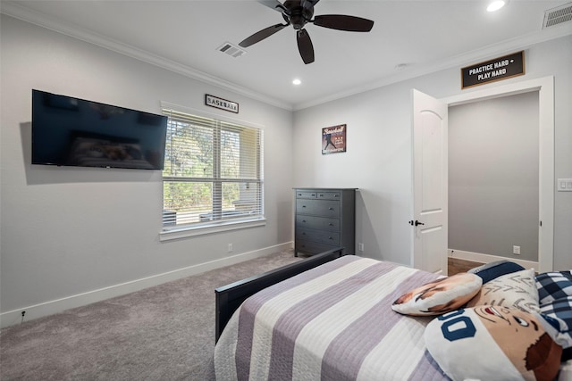 carpeted bedroom with ornamental molding, recessed lighting, visible vents, and baseboards