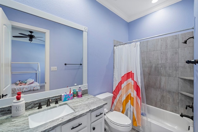 bathroom with a ceiling fan, toilet, vanity, shower / bath combination with curtain, and crown molding