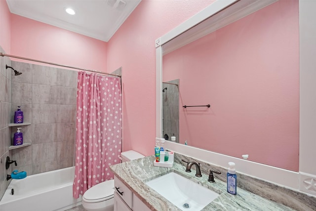 full bathroom with visible vents, toilet, ornamental molding, shower / bath combo, and vanity