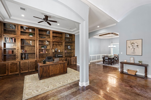 office area featuring arched walkways, a tray ceiling, visible vents, and recessed lighting